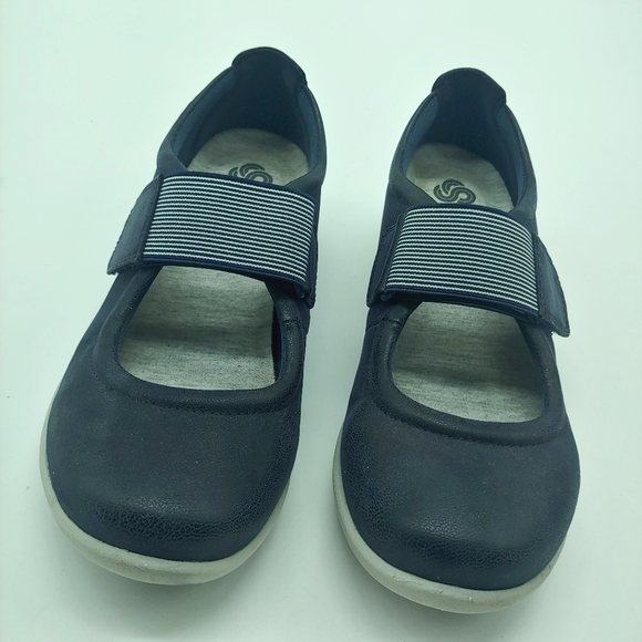Clarks | Sillian Cala Navy Mary Jane Wedges 7.5 Comfy Casual Velcro Hook & Loop
